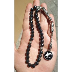 Göktürk "Türk" & Wolf Head Hematite Tesbih | Black Enamel Göktürk "Türk" & Wolf Head Hematite Tesbih | Black Enamel